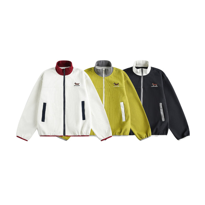 Damen Waffelstruktur Zipjacke im Boxy‑Cut mit Stehkragen und Hundestickerei Drune