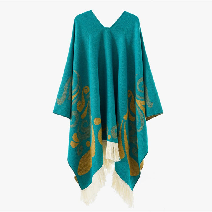 Damen Ornamentaler Jacquard‑Poncho mit V‑Ausschnitt und Fransensaum Drune