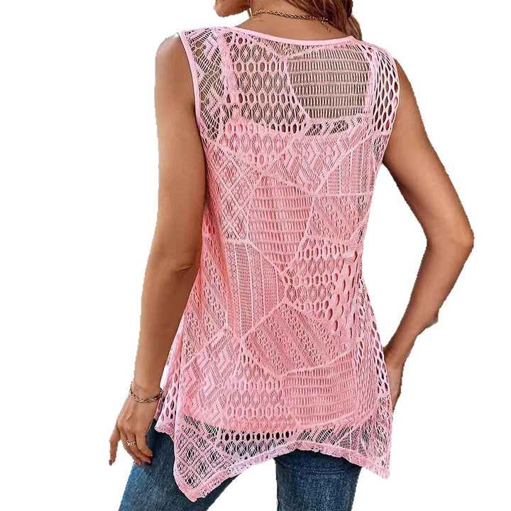 Damen nan zweilagiges Häkel-Overlay mit Jersey-Innentop, Ein-Knopf-Verschluss und asymmetrischem Zipfelsaum Drune
