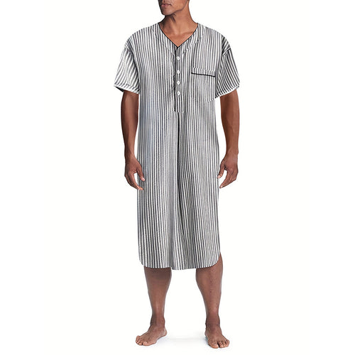Herren nan gestreiftes Lounge-Hemd mit V-Ausschnitt Knopfleiste und Brusttasche Drune