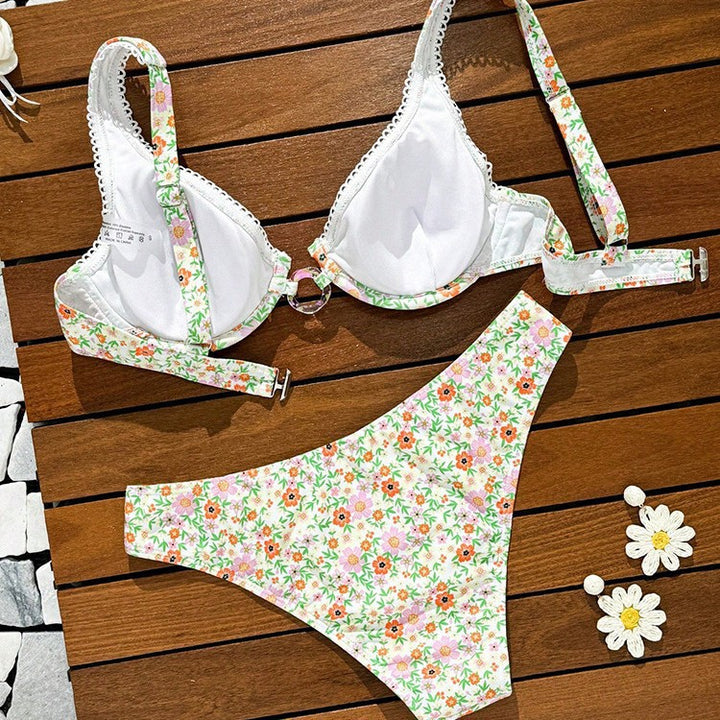 Damen Blumenmuster Bikini-Set mit elegantem Schnitt und verspielten Trägern Drune