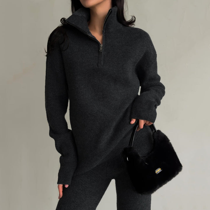 Damen nan geripptes Strick-Lounge-Set mit Halbzip-Pullover und hochgeschnittener Leggings Drune
