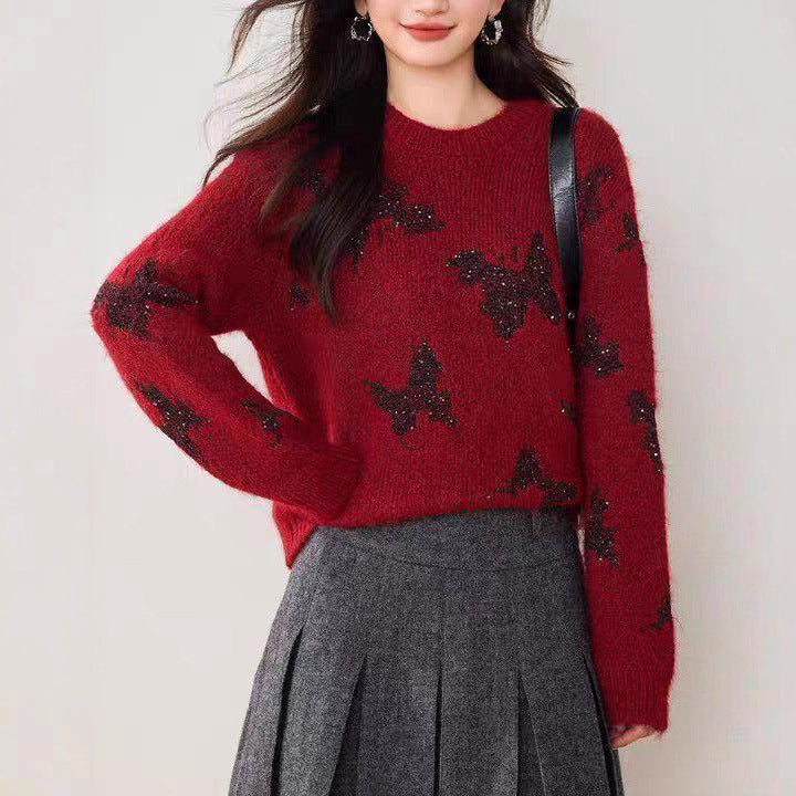 Damen stylischer Strickpullover mit glitzernden Schmetterlingsapplikationen Drune