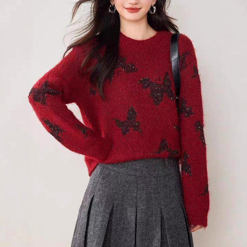 Damen stylischer Strickpullover mit glitzernden Schmetterlingsapplikationen Drune