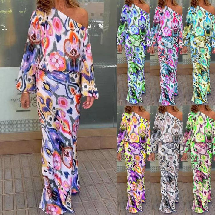 Damen Maxikleid mit asymmetrischer Ein-Schulter, fließendem Satin und Glockenärmeln Drune