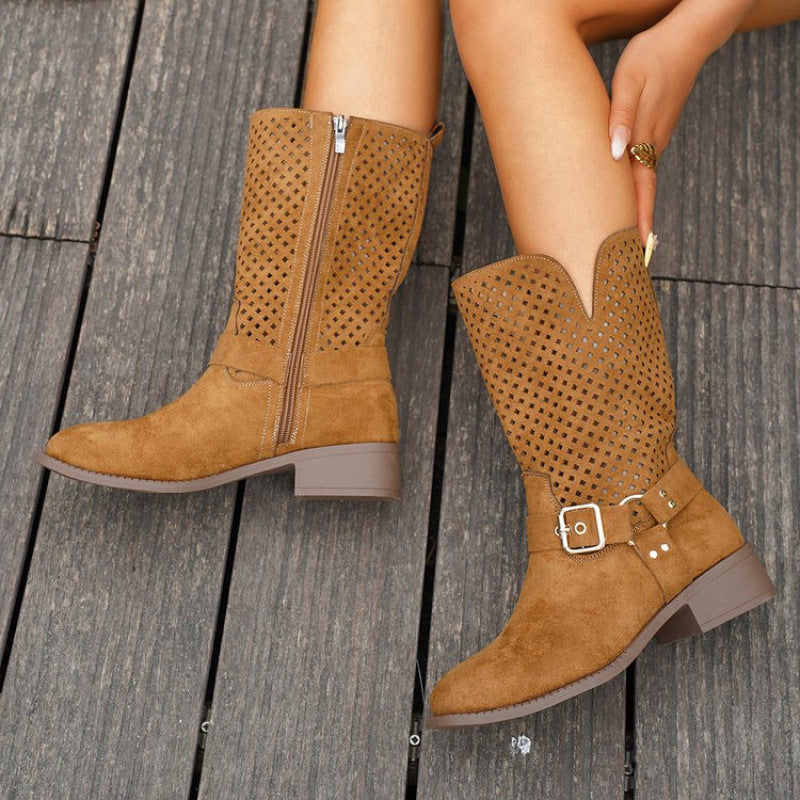 Damen Stiefel aus perforiertem Wildleder mit modischem Schnallen-Detail Drune