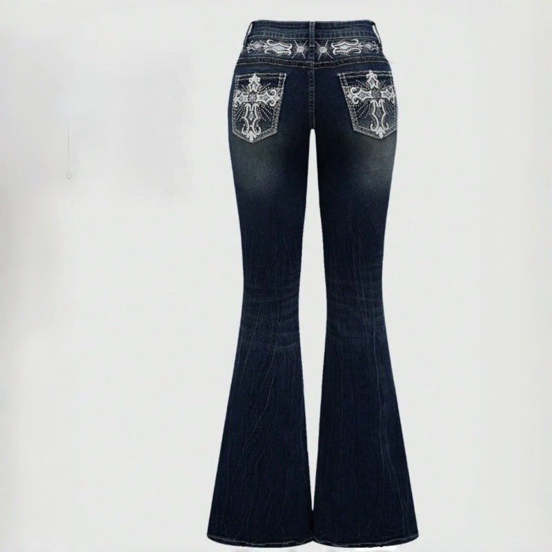 Damen Bootcut Jeans mit aufwendigen Stickereien und hohem Bund Drune