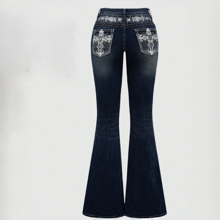 Damen Bootcut Jeans mit aufwendigen Stickereien und hohem Bund Drune
