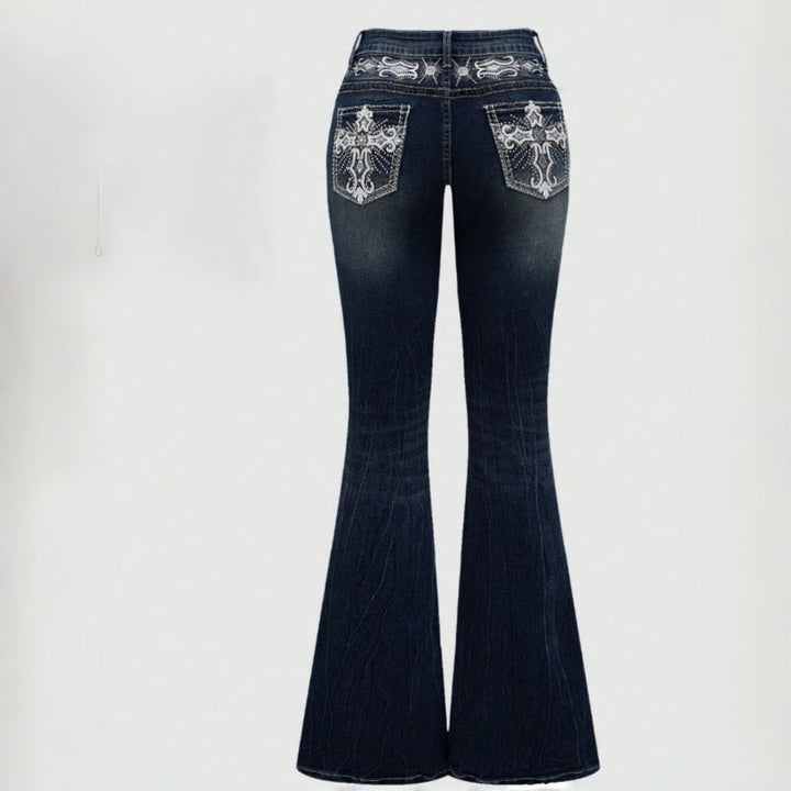 Damen Bootcut Jeans mit aufwendigen Stickereien und hohem Bund Drune