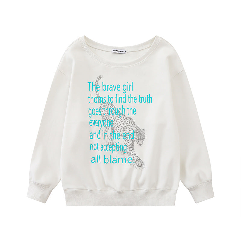 Damen Oversize-Sweatshirt mit Rundhalsausschnitt, typografischem Statement und Leoparden-Illustration Drune