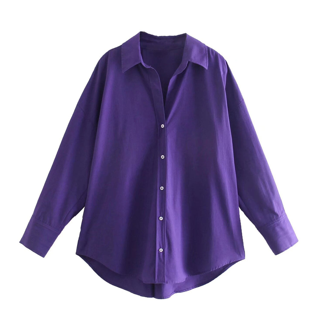 Damen nan oversized Longbluse mit Kentkragen, durchgehender Knopfleiste und abgerundetem Saum Drune