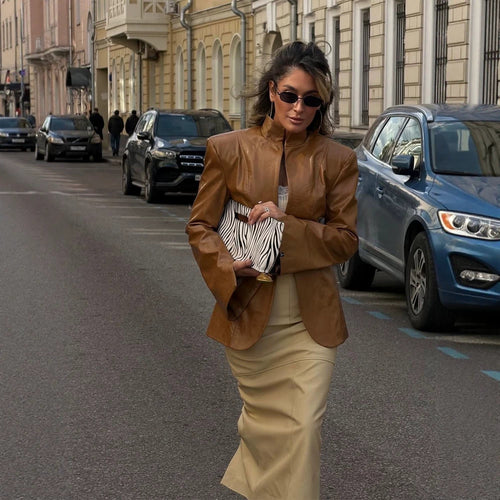 Damen Figurbetonter Lederimitat-Blazer mit Stehkragen & verlängerten Manschetten Drune