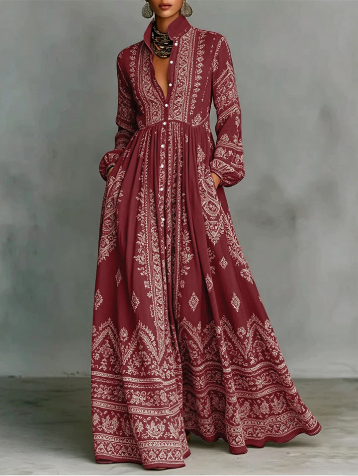 Damen Maxikleid im Boho‑Ethno‑Stil mit Stehkragen, durchgehender Knopfleiste und Eingrifftaschen Drune