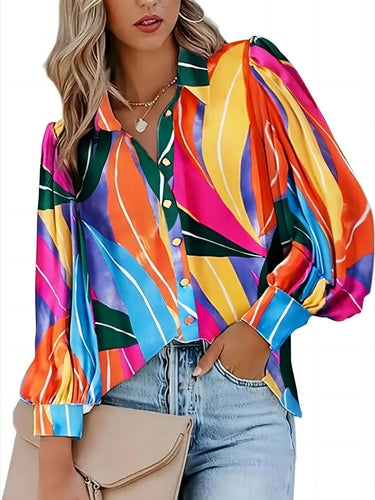 Damen Bluse mit dynamischem Farbverlauf und modernen Puffärmeln Drune