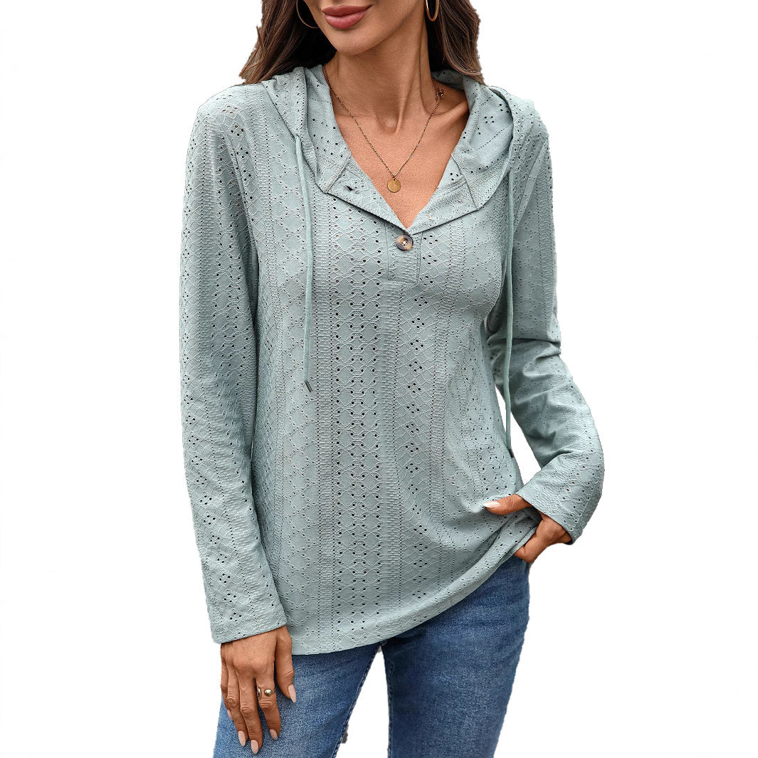 Damen Blusenshirt mit feinem Lochmuster und Kapuze Drune