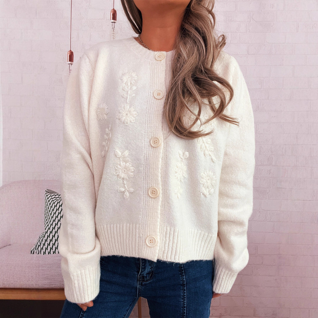 Damen lockerer Strickcardigan mit floralen Applikationen und Knopfdetails Drune