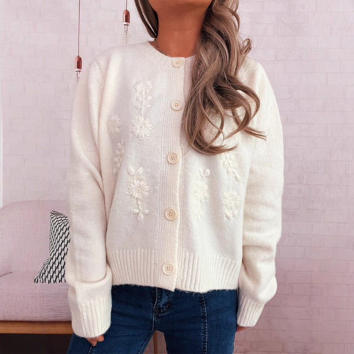 Damen lockerer Strickcardigan mit floralen Applikationen und Knopfdetails Drune