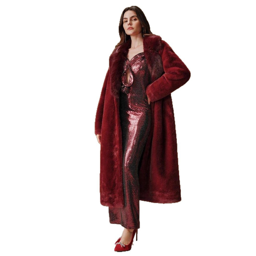 Damen Luxus Kunstpelz-Mantel mit elegantem Revers Drune