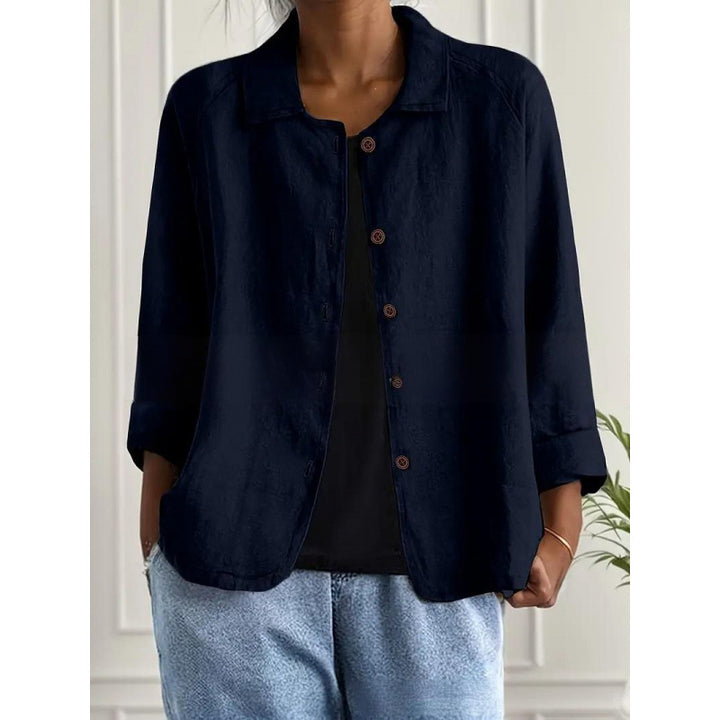 Damen Leichte Leinenoptik-Bluse mit lockerer Passform, 3/4-Ärmeln und Knopfleiste Drune