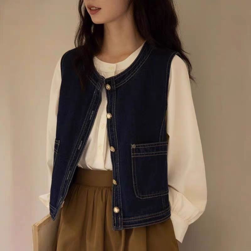 Damen Jeansweste mit Perlenknöpfen Drune