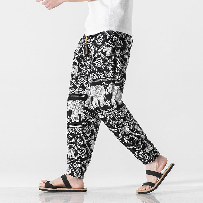 Unisex nan lässige Boho-Haremshose mit Elefantenmuster, elastischem Bund und Bündchen Drune