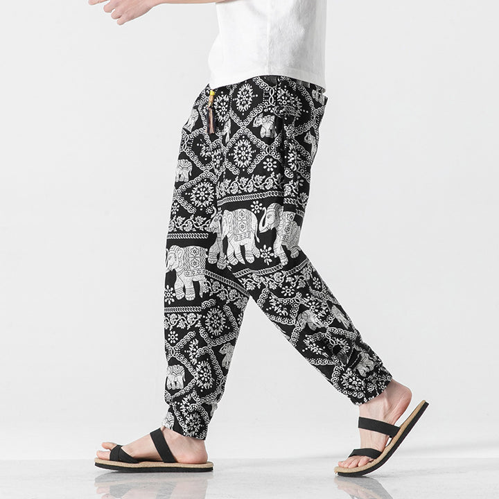 Unisex nan lässige Boho-Haremshose mit Elefantenmuster, elastischem Bund und Bündchen Drune