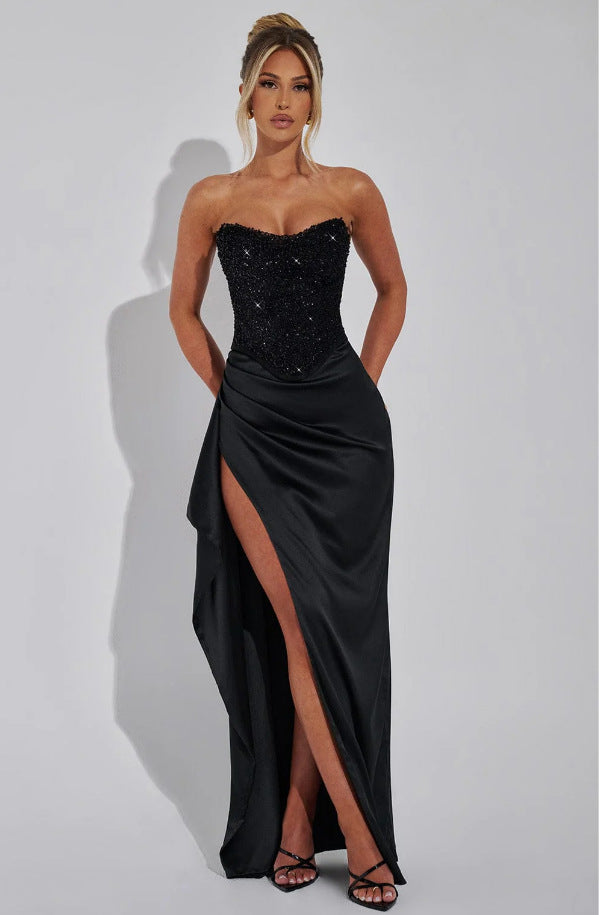 Damen Elegantes Abendkleid mit schimmerndem Oberteil und hohem Schlitz Drune