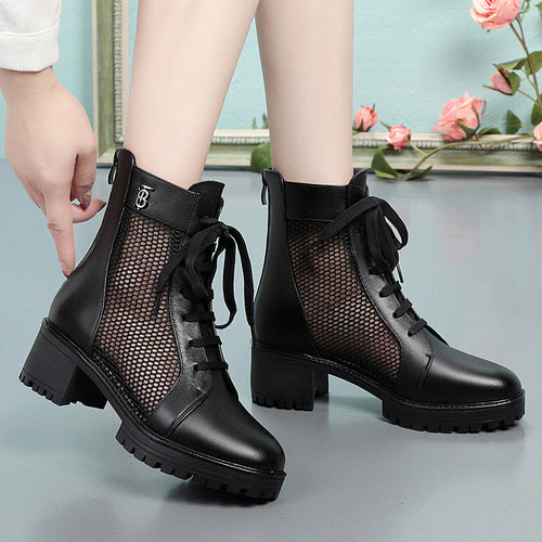 Damen Trendige Schnür-Stiefeletten mit Mesh-Einsatz und robustem Blockabsatz Drune