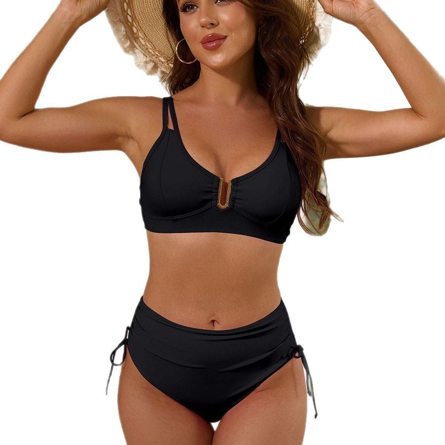 Damen Hochtailliertes Bikini-Set mit verstellbaren Trägern und elegantem Goldakzent Drune