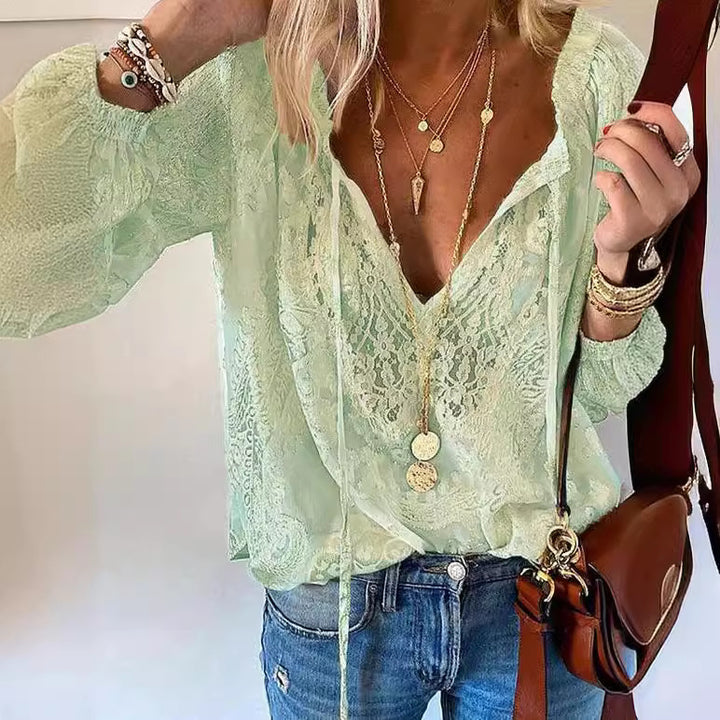 Damen elegante Bluse mit feiner Spitze und tiefem V-Ausschnitt Drune