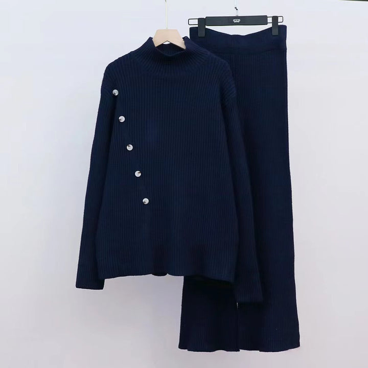 Damen Strickensemble mit hohem Kragen und eleganten Knopfdetails Drune