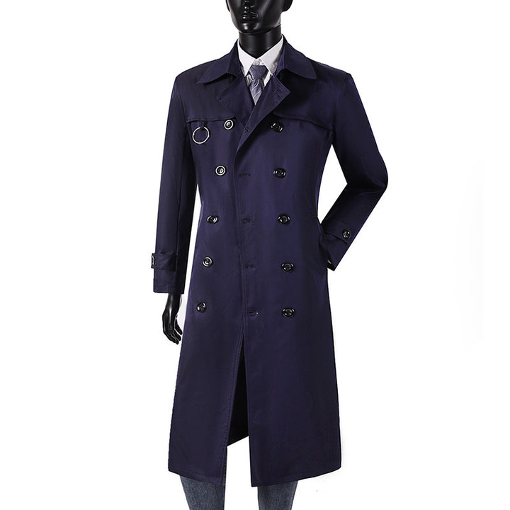 Herren Doppelreihiger Trenchcoat mit Taillierung, Reverskragen und dekorativem Metallring Drune
