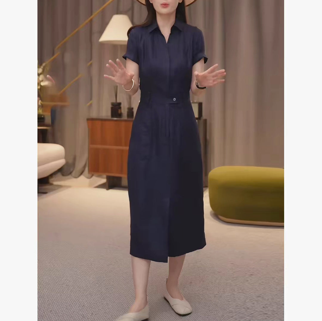 Damen Tailliertes Hemdblusen-Midikleid mit verdeckter Knopfleiste und Taillenpassante Drune