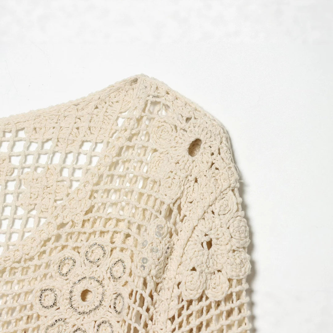 Damen gehäkelter Oversize-Pullover mit Blumen-Openwork und Rundhalsausschnitt Drune