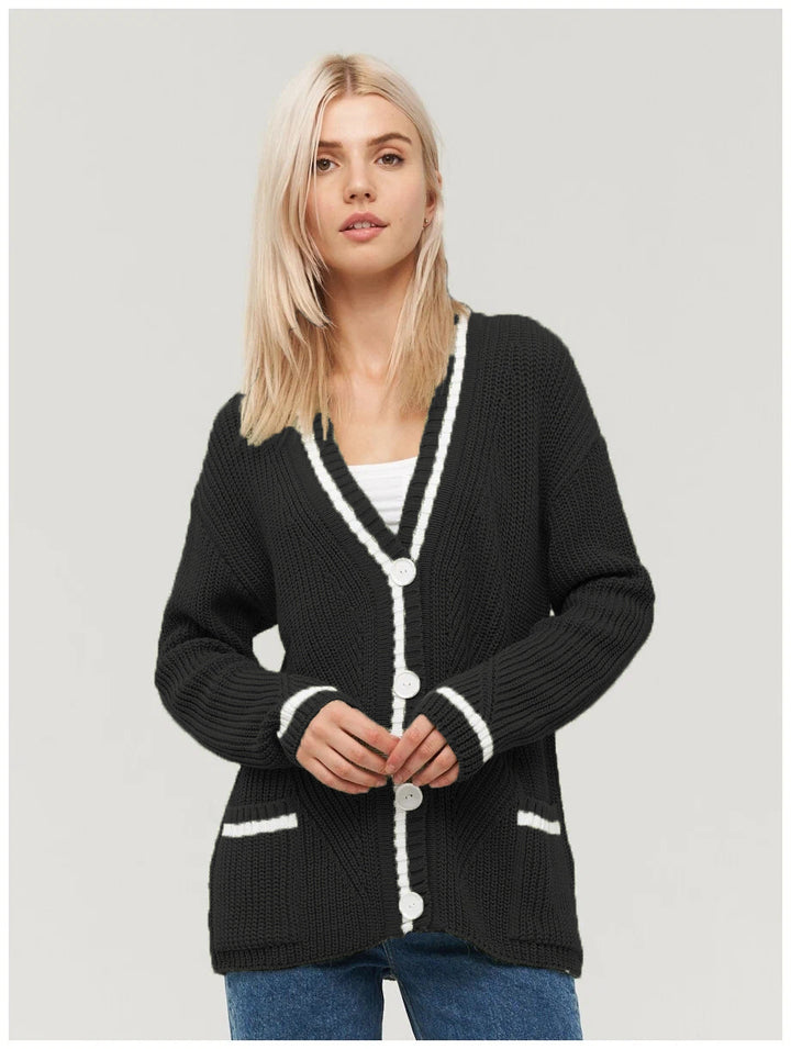 Damen gemütliche Strickjacke mit kontrastierenden Taschen und Knopfdetails Drune