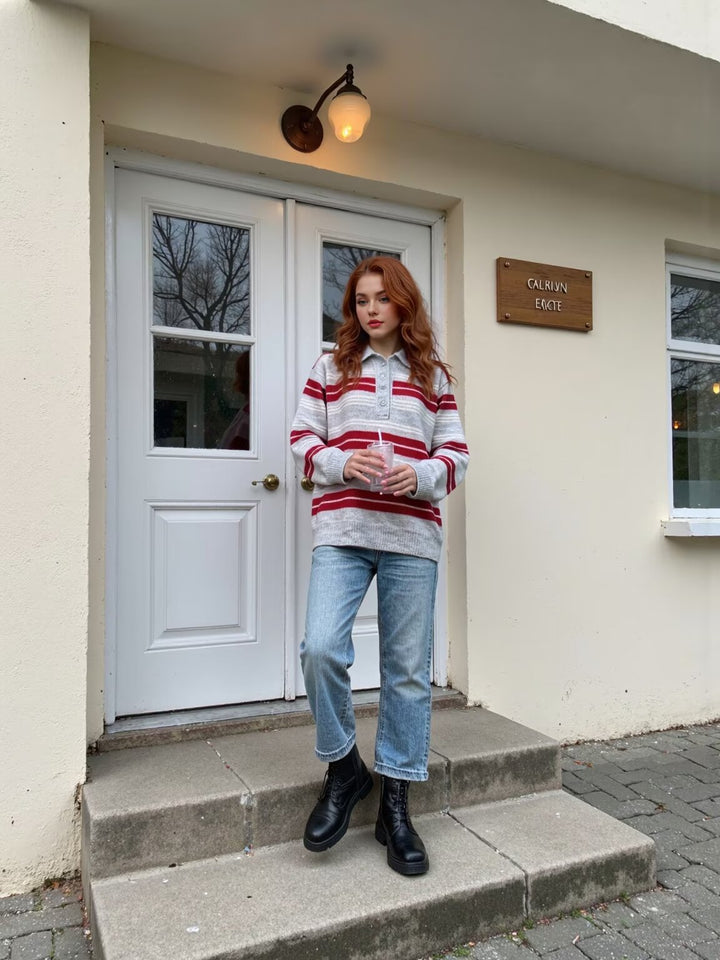 Damen Gestreifter Polokragen-Strickpullover im Oversize-Look Drune