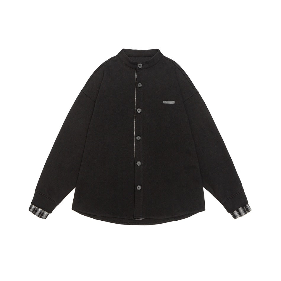 Unisex Oversize-Hemdjacke im Sweat-Overlay mit Stehkragen und karierter Innenmanschette Drune
