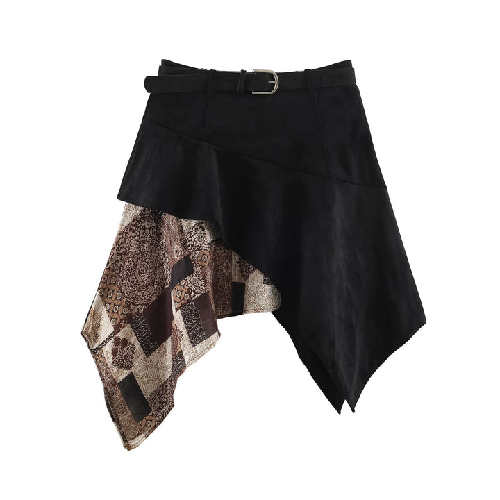 Damen Asymmetrischer Patchwork-Wickelrock mit Taillengürtel und Lagenoptik Drune