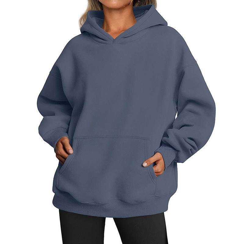 Damen nan Relax-Fleece Kapuzenpullover mit Kängurutasche, verlängerter Rücken und überschnittener Schulter Drune
