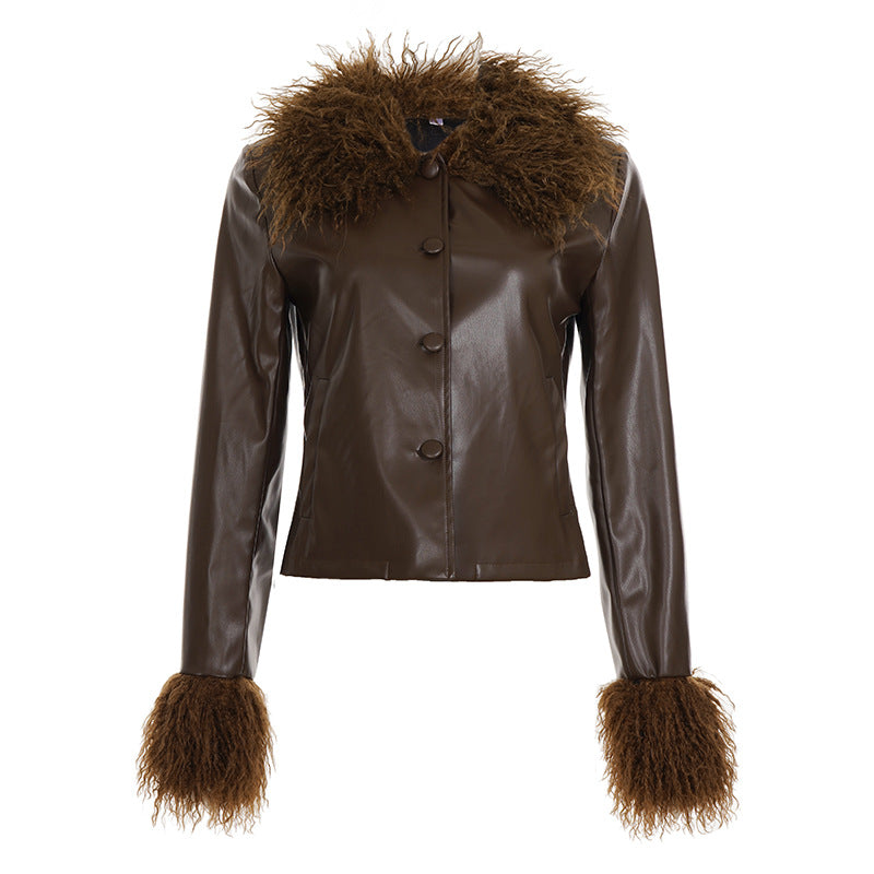 Damen nan kurze Kunstlederjacke mit voluminösem Fellkragen und Fellmanschetten Drune