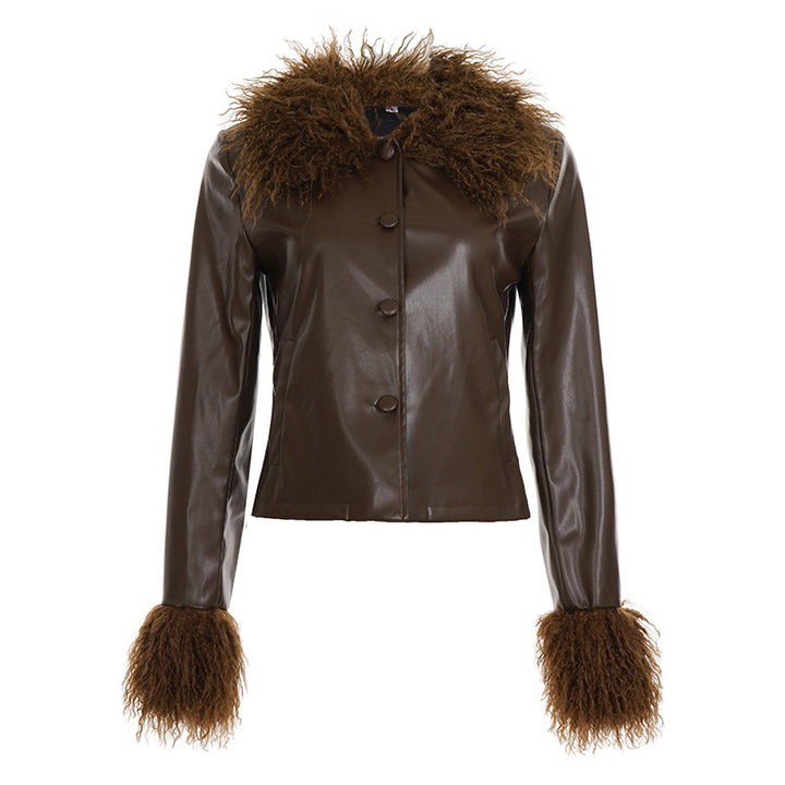 Damen nan kurze Kunstlederjacke mit voluminösem Fellkragen und Fellmanschetten Drune
