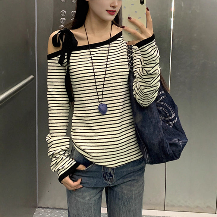 Damen Off-Shoulder Langarmshirt mit Streifenmuster Drune