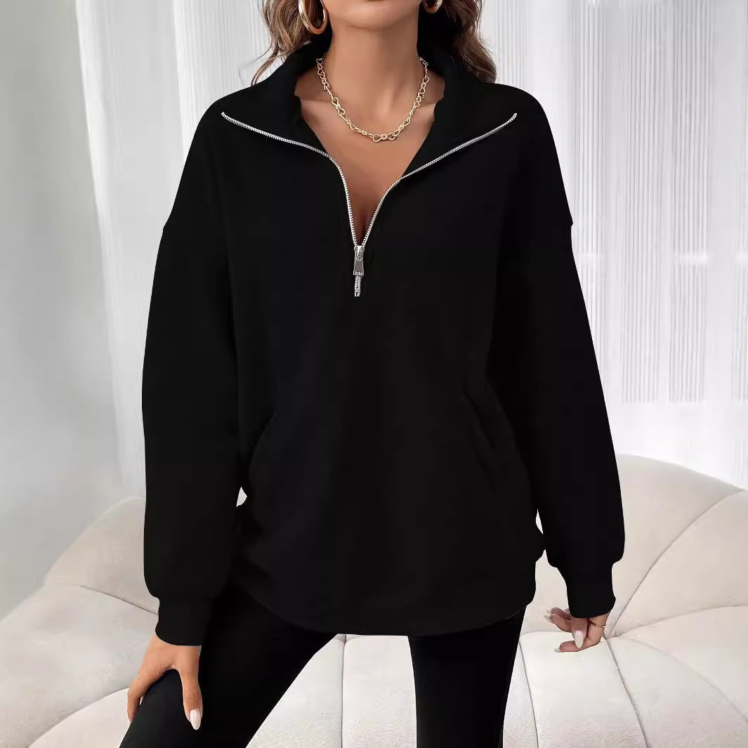 Damen Freizeitlicher Pullover mit kurzem Reißverschluss und Kängurutasche Drune