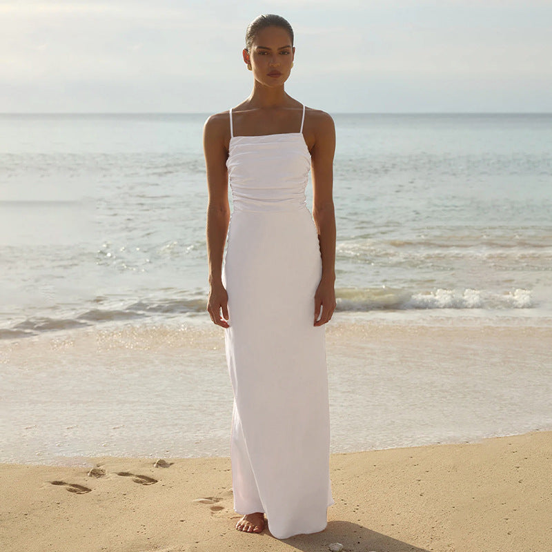 Damen Elegantes Maxikleid mit raffiniertem Raffungseffekt und Spaghettiträgern Drune