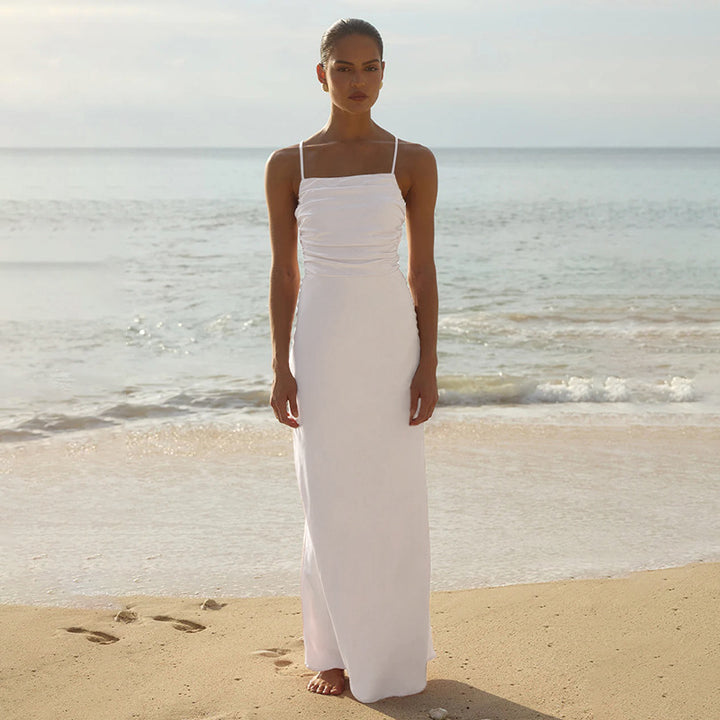 Damen Elegantes Maxikleid mit raffiniertem Raffungseffekt und Spaghettiträgern Drune