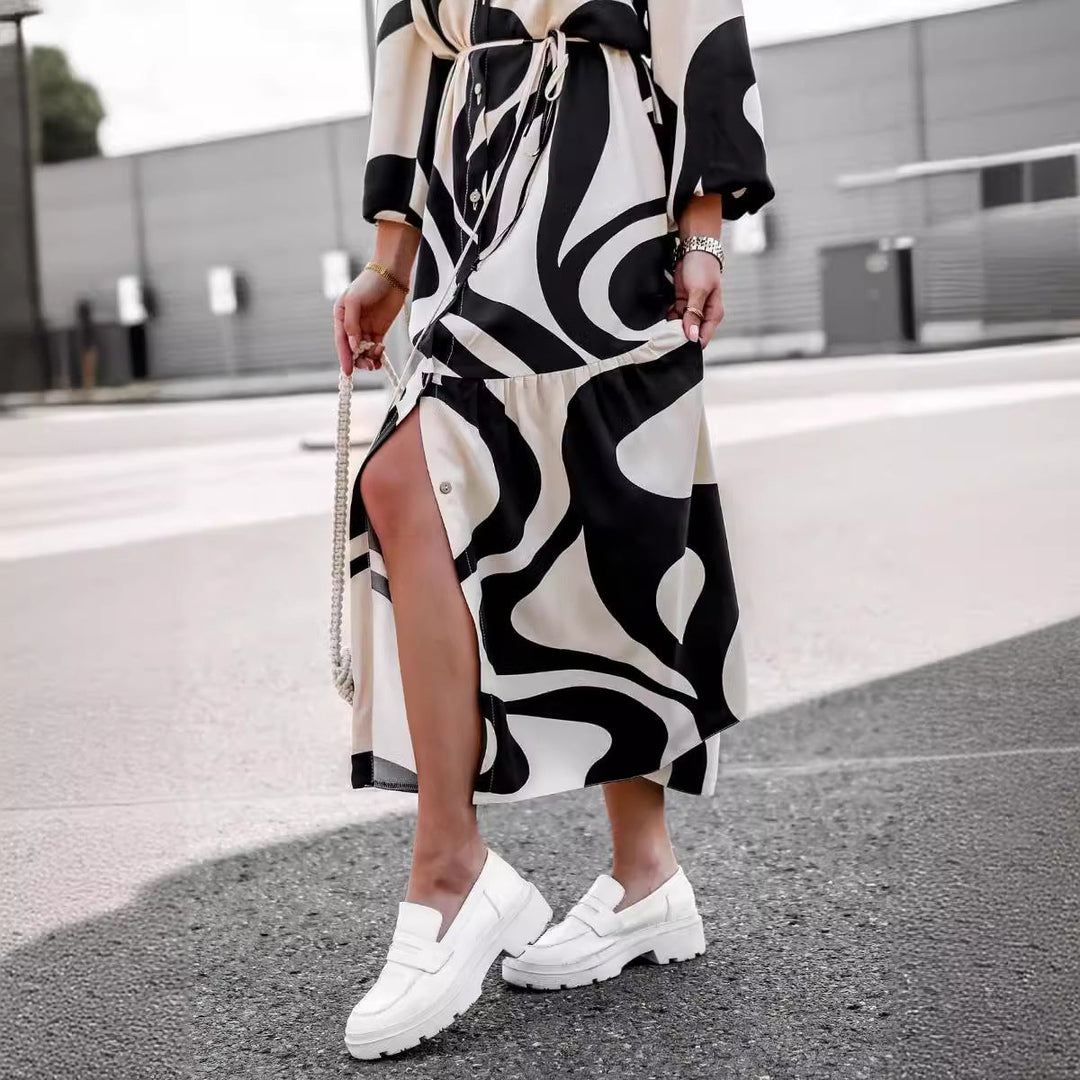 Damen Maxikleid mit modernem Muster und praktischem Taillengürtel Drune