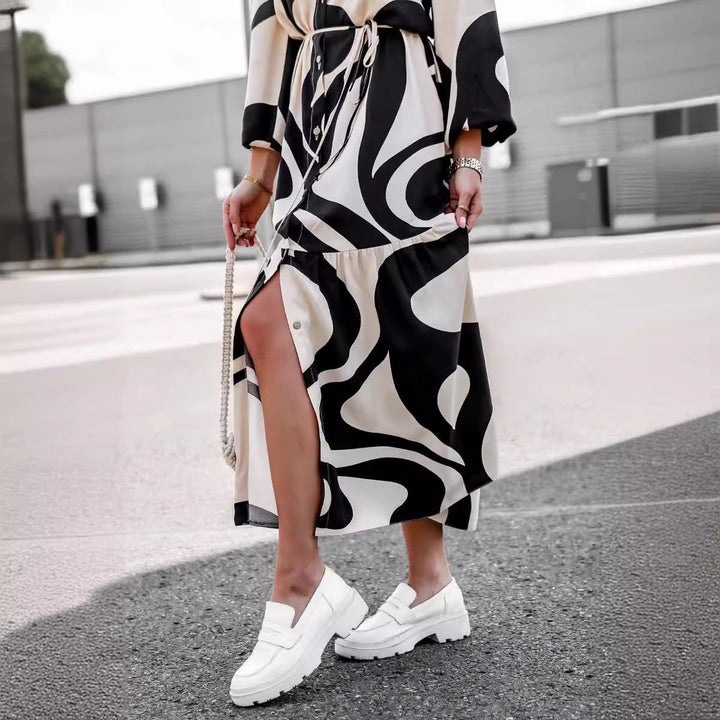 Damen Maxikleid mit modernem Muster und praktischem Taillengürtel Drune