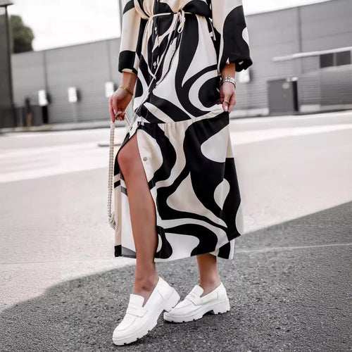 Damen Maxikleid mit modernem Muster und praktischem Taillengürtel Drune