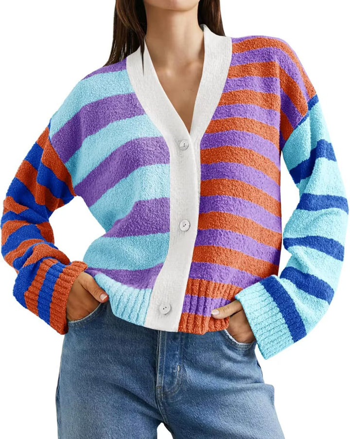 Damen lockerer gestreifter Frottee-Cardigan mit V-Ausschnitt und Knopfleiste Drune