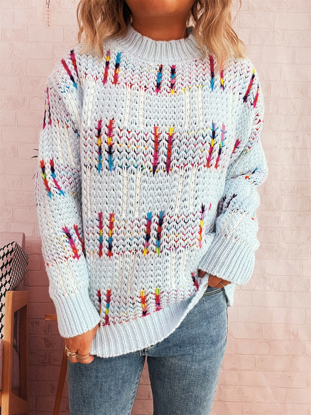 Damen lässiger Strickpullover mit bunten Akzenten Drune
